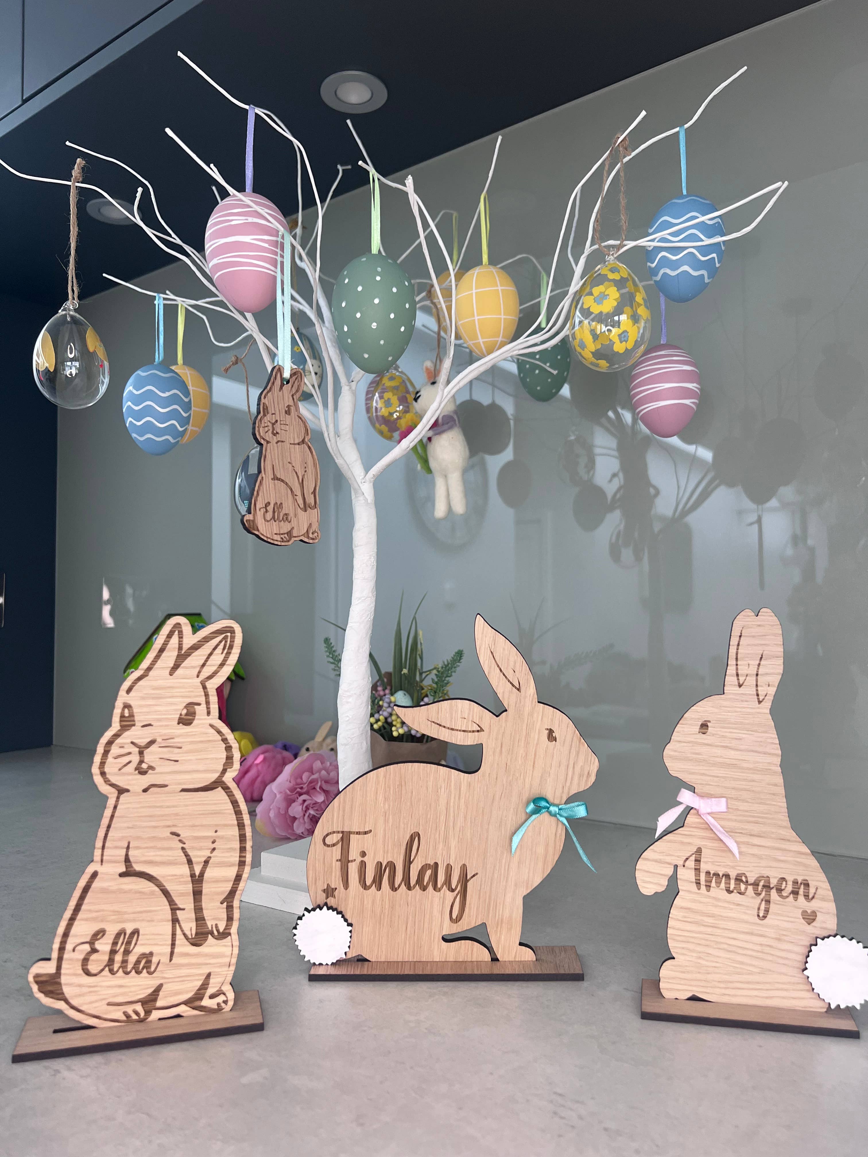Personalised wooden Easter bunny decoration, engraved with custom name. Perfect for Easter gifts, baskets, and festive home decor